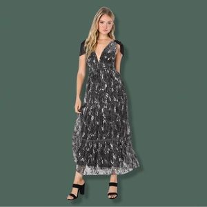 Lulus Guest List Gorgeous Black Floral Lurex Tie-Strap Maxi Dress | Medium